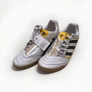 Adidas Predator indoor soccer.  Men’s US 8.5, UK 8, EU 42.  White with BLK & YLW